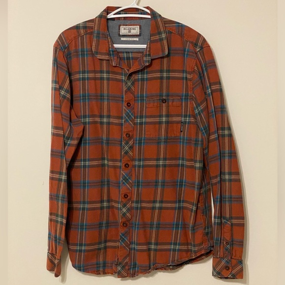 Billabong orange button up light flannel plaid shirt large men's size - Picture 1 of 4